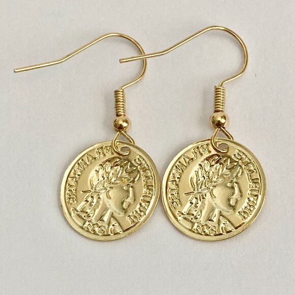 Vintage French Republique Faux Coin Earrings Dangle Gold Plated Wire France - Picture 5 of 8